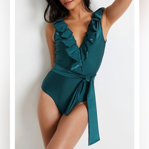 NWT $350 PatBO Plunge Ruffle One-Piece Swimsuit in Palace Green Size Small - Picture 3 of 12